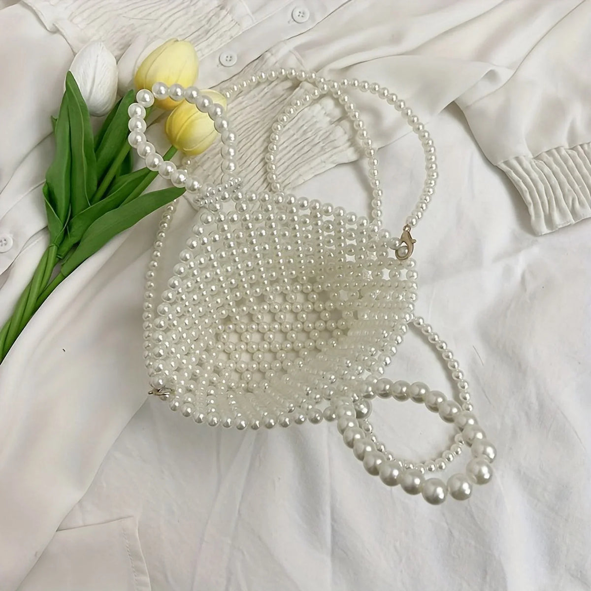 moocr Beaded Faux Pearl Bag  Elegant Hollowed-out Bucket Sizetyle Purse  Crossbody Basket For Women