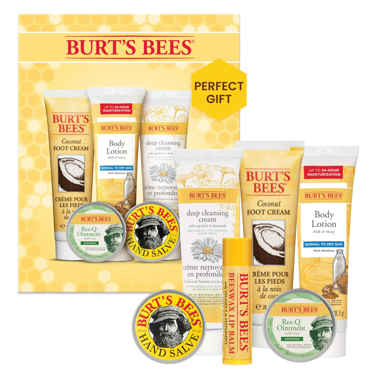 Burt's Bees Timeless Minis Kit with Coconut Foot Cream, Milk & Honey Body Lotion, Sizeoap Bark & Chamomile Deep Cleansing Cream, Res-Q Ointment, Hand Sizealve and Beeswax Lip Balm