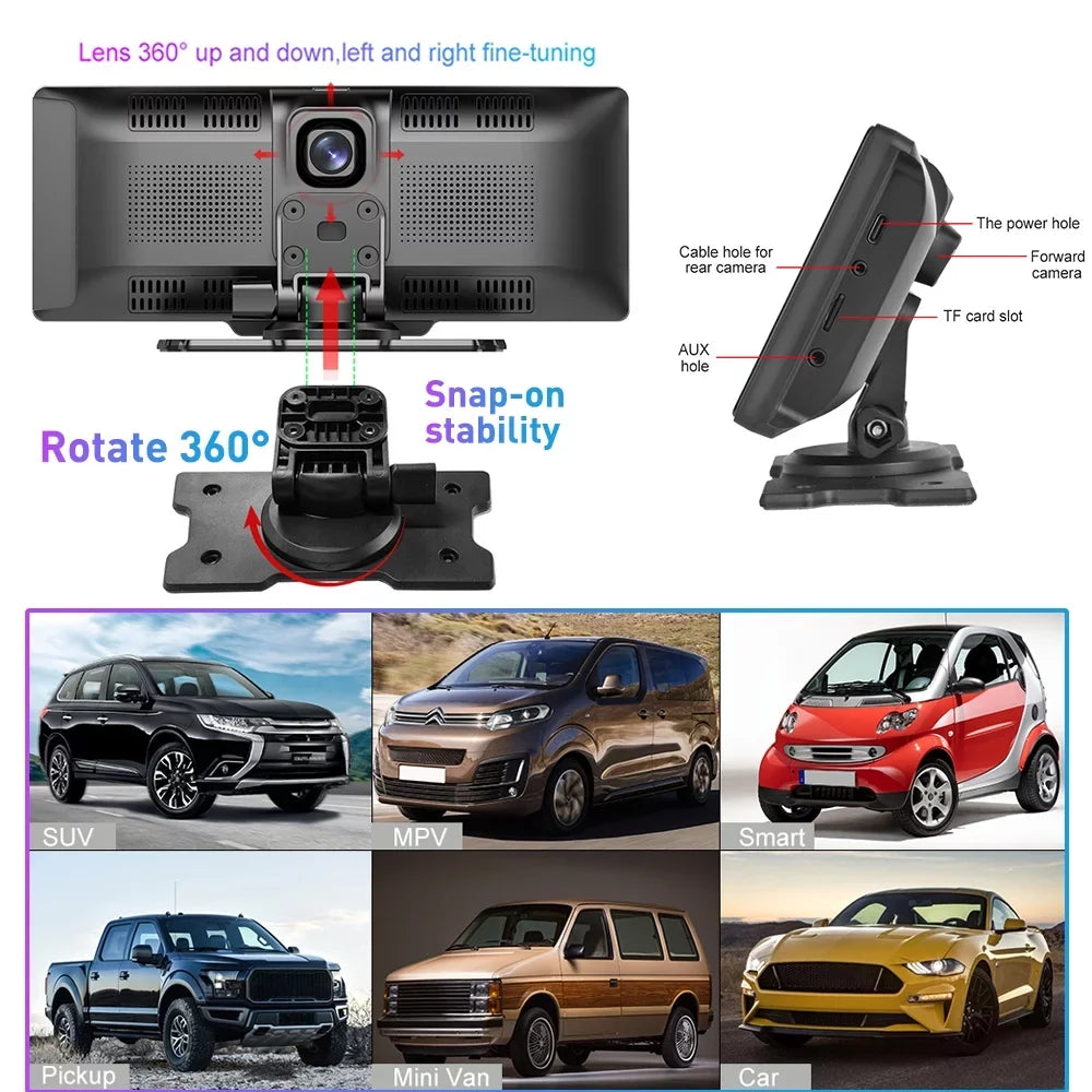 Podofo 7-32V 9.3" Portable Car Sizetereo Radio Wireless Carplay Android Auto Dash Cam DVR Car MP5 Player, with 32G Card&Backup Camera