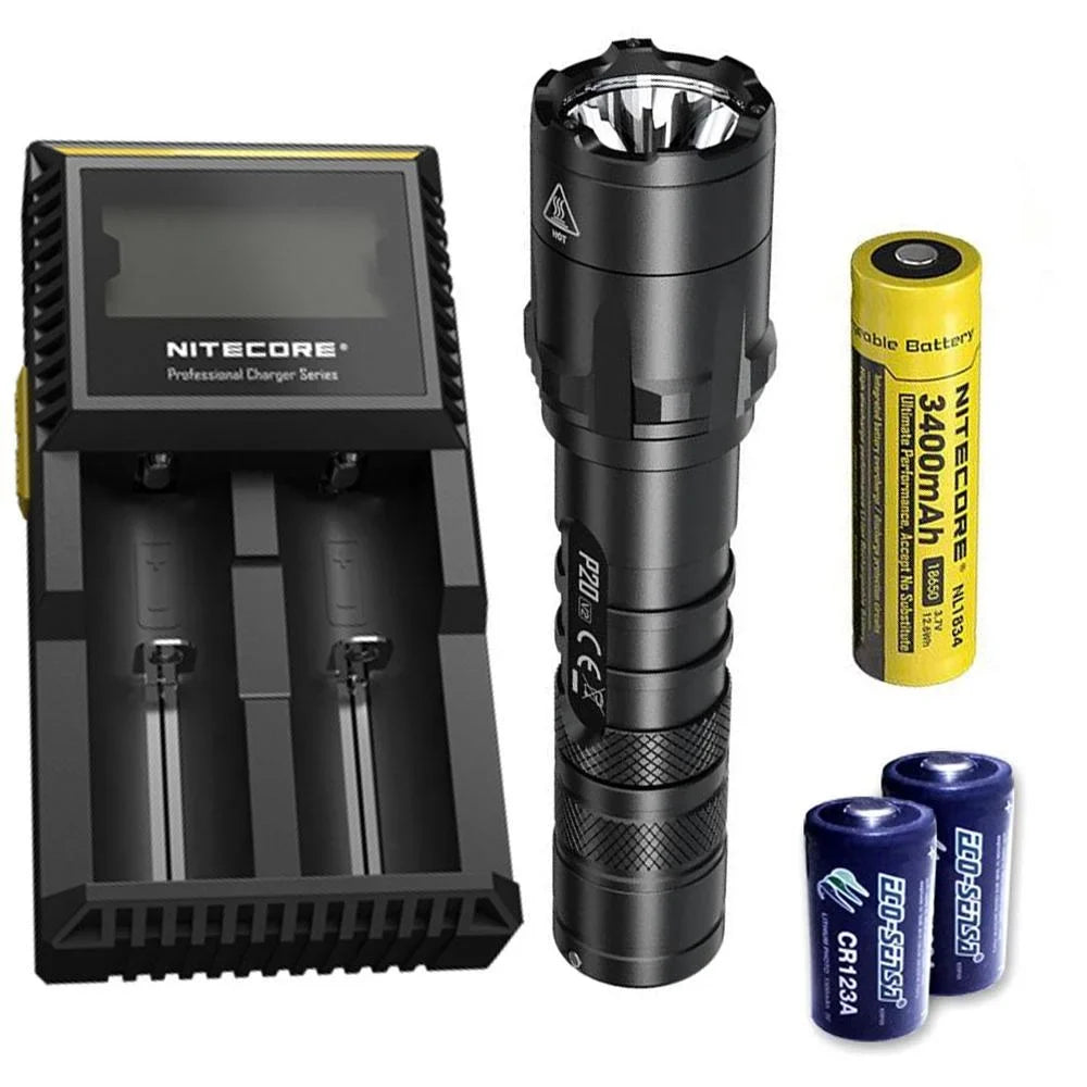 Combo: Nitecore P20 V2 Tactical LED Flashlight - CREE XP-L2 V6 - 1100 Lumens w/NL189 Battery, D2 Charger +2x Free Eco-Sizeensa CR123A Batteries