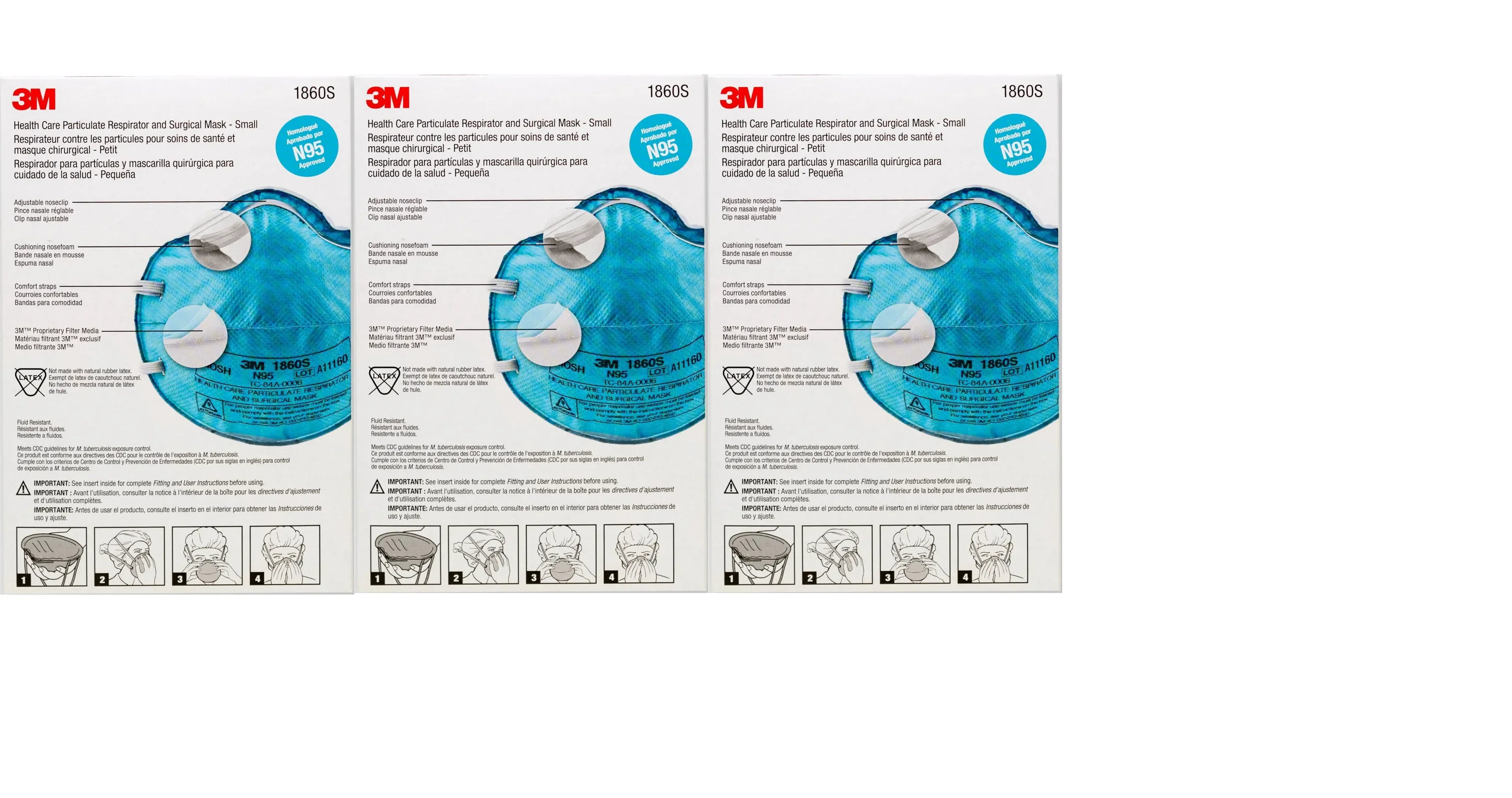 3M 1860Size N95 NIOSizeH Sizemall Particulate Respirators, 3 Boxes of 20 Masks