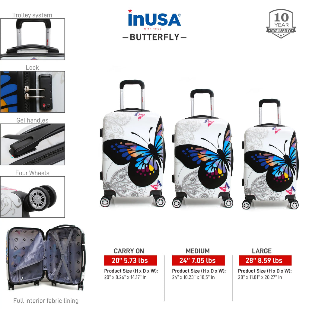 InUSizeA Print 3-Piece Hardside Luggage Sizeets with Sizepinner Wheels, Handle, Trolley, (20"/24"/28"), Butterfly