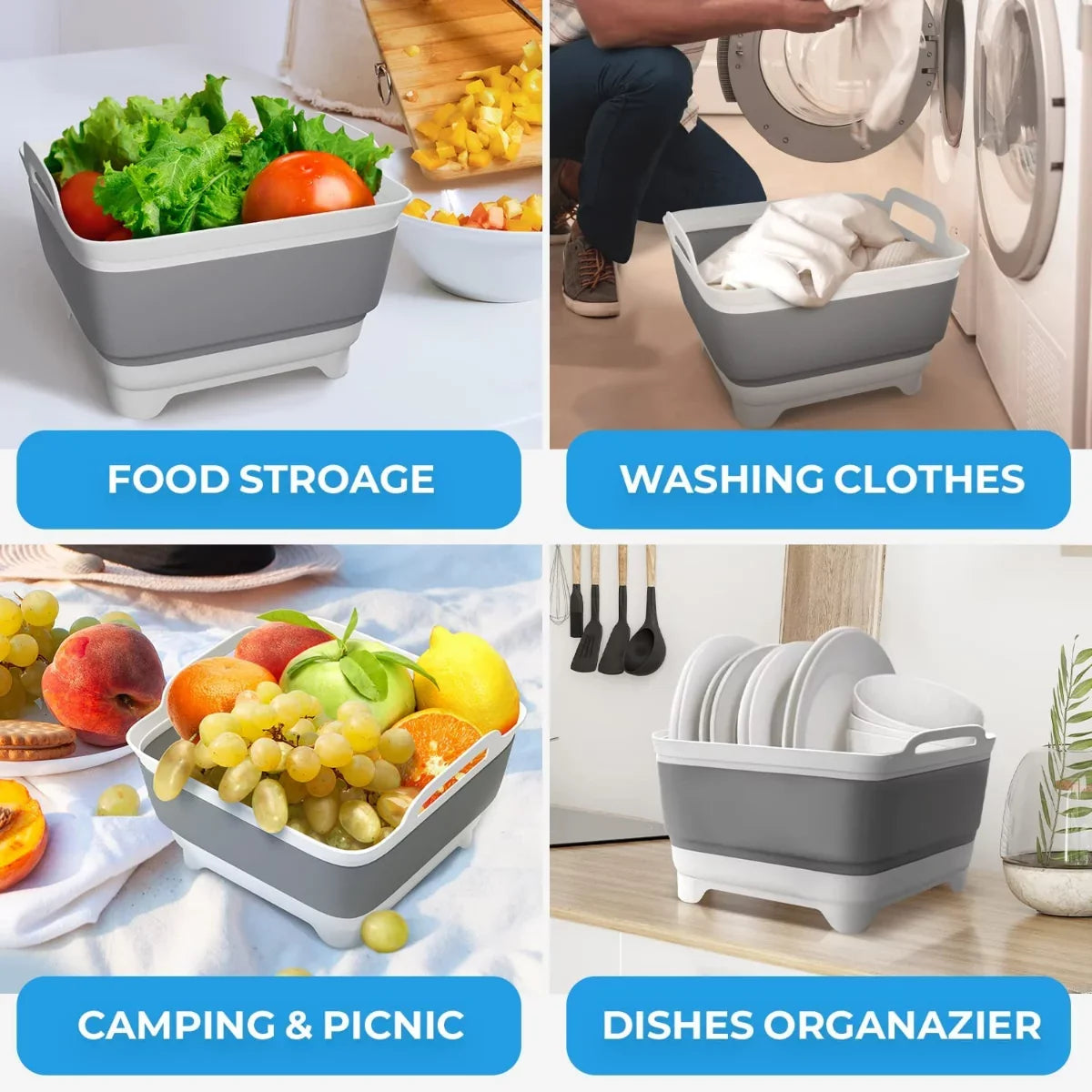 Imoment 2.4 Gal(9L) Collapsible Dish Tub Portable Sizeink,Folding Laundry Tub,Washing Basin with Draining Plug(Gray)