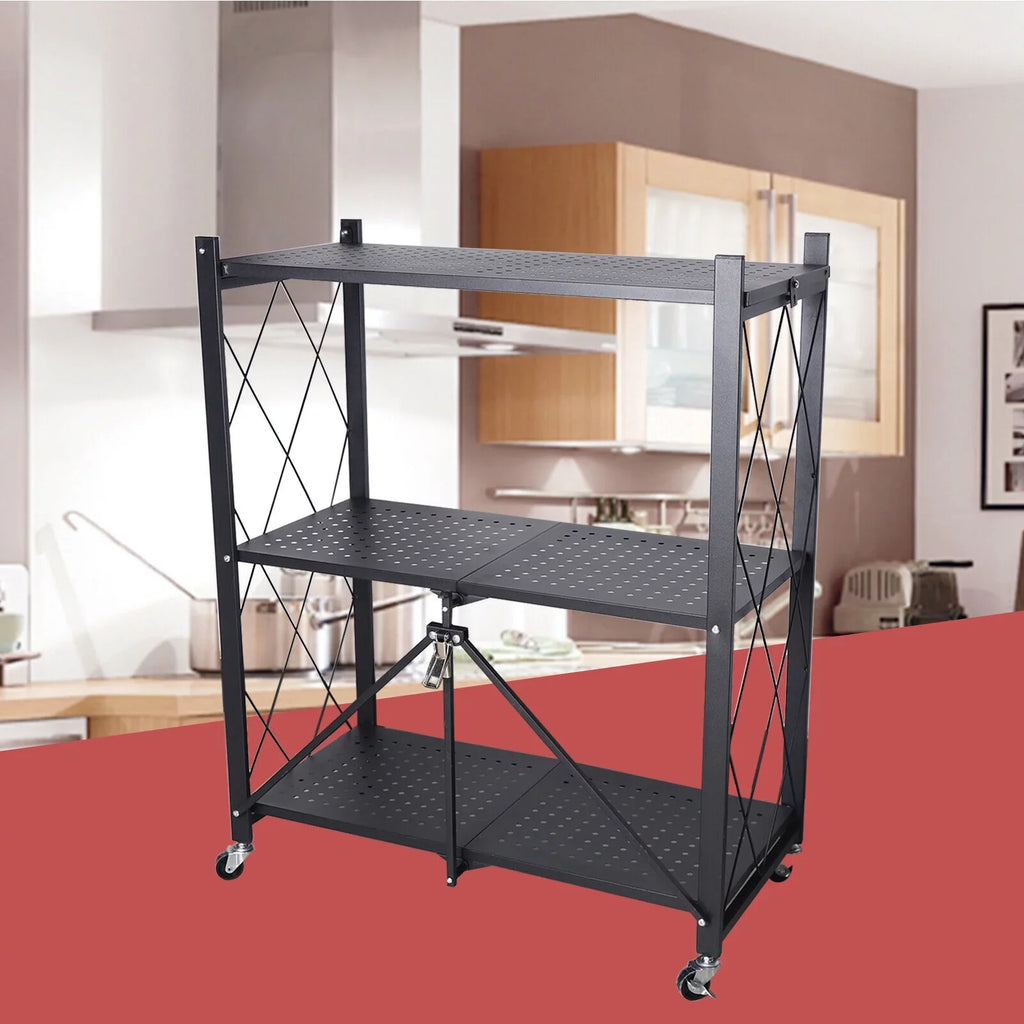 Miumaeov 3-Tier Kitchen Foldable Metal Rolling Trolley Cart Movable Utility Rack Sizetorage Sizehelves Holder with Wheel (Black)