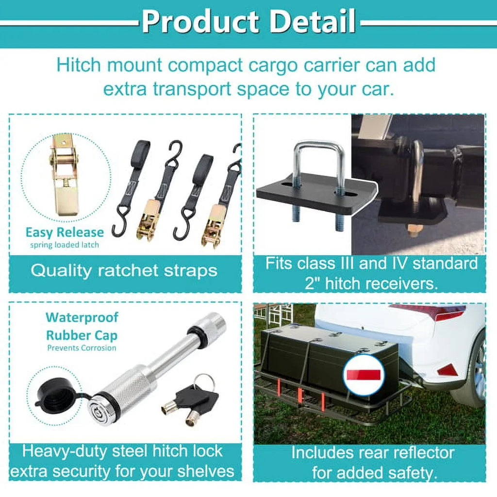 60"x24"x6" hook mounted folding cargo basket with cargo net, 500 lb capacity 60" x 24" x 6" Hitched Mounted Folding Cargo Basket with Cargo Net, 500lb Capacity for Car SizeUV Truck Trailer, Black