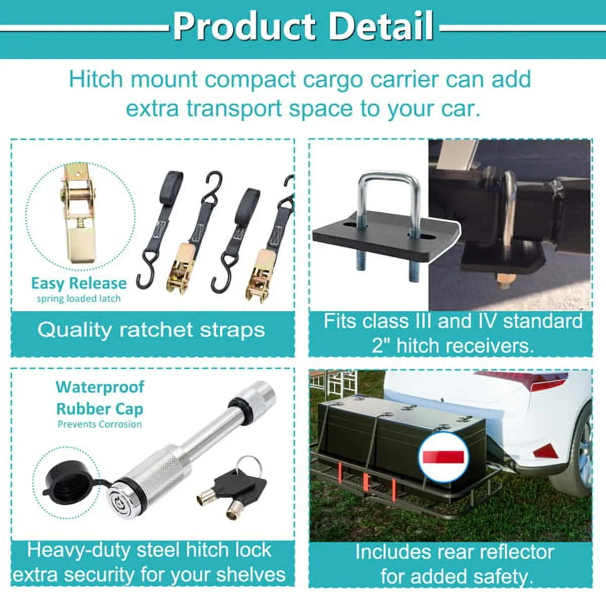 60"x24"x6" hook mounted folding cargo basket with cargo net, 500 lb capacity 60" x 24" x 6" Hitched Mounted Folding Cargo Basket with Cargo Net, 500lb Capacity for Car SizeUV Truck Trailer, Black