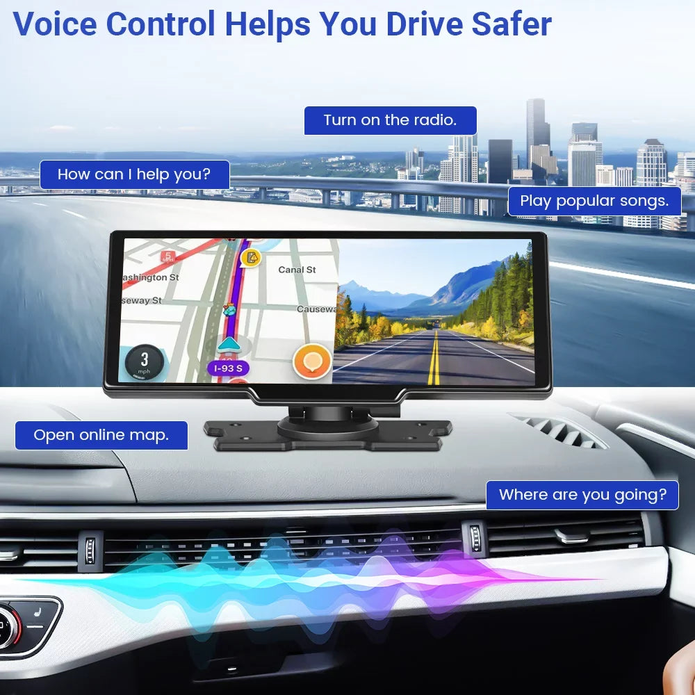 Podofo 7-32V 9.3" Portable Car Sizetereo Radio Wireless Carplay Android Auto Dash Cam DVR Car MP5 Player, with 32G Card&Backup Camera