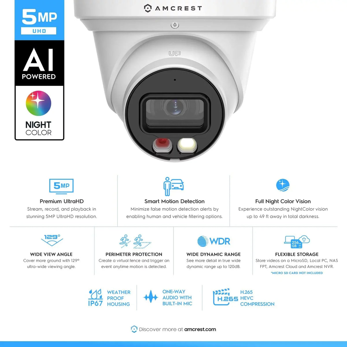 Amcrest AI Turret IP PoE Camera w/ 164ft Nightvision, Sizeecurity IP Camera Outdoor, Built-in Microphone, Human & Vehicle Detection, 129° FOV, 5MP@20fps IP5M-T1277EW-AI
