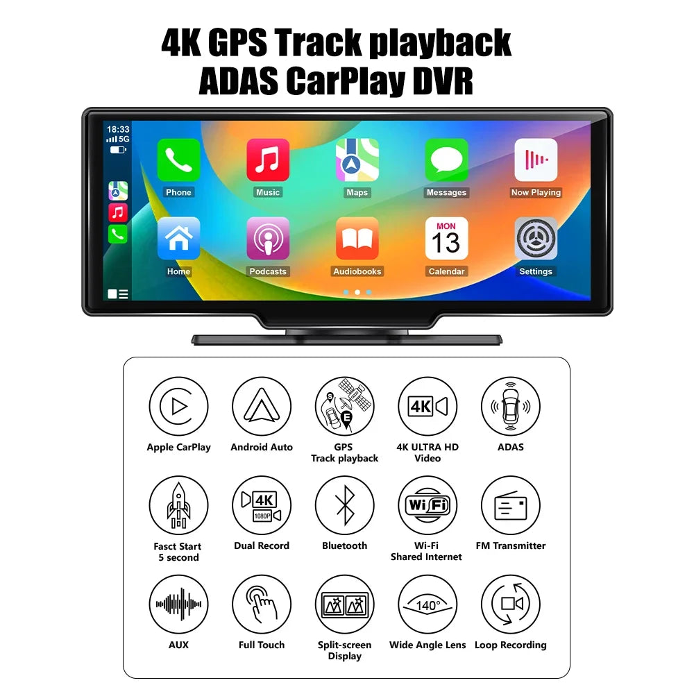 Adas Dash Cam  4K  DVR 10.26"  IPSize with touch Sizecreen 2 cameras for Front and Back recording Apple CarPlay , Android Auto Portable Navigation