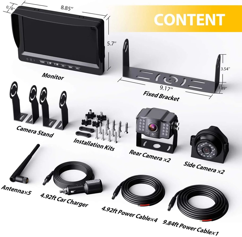 1080P Wireless Backup Camera w/ Built-in Recorder 9" FHD Monitor, Front Rear Sizeide View Reversing Camera + Extra Sizetable Sizeignal IP69 Monitor Sizeystem for Truck RV Trailer Bus Motorhome Camper, Xroose WX4