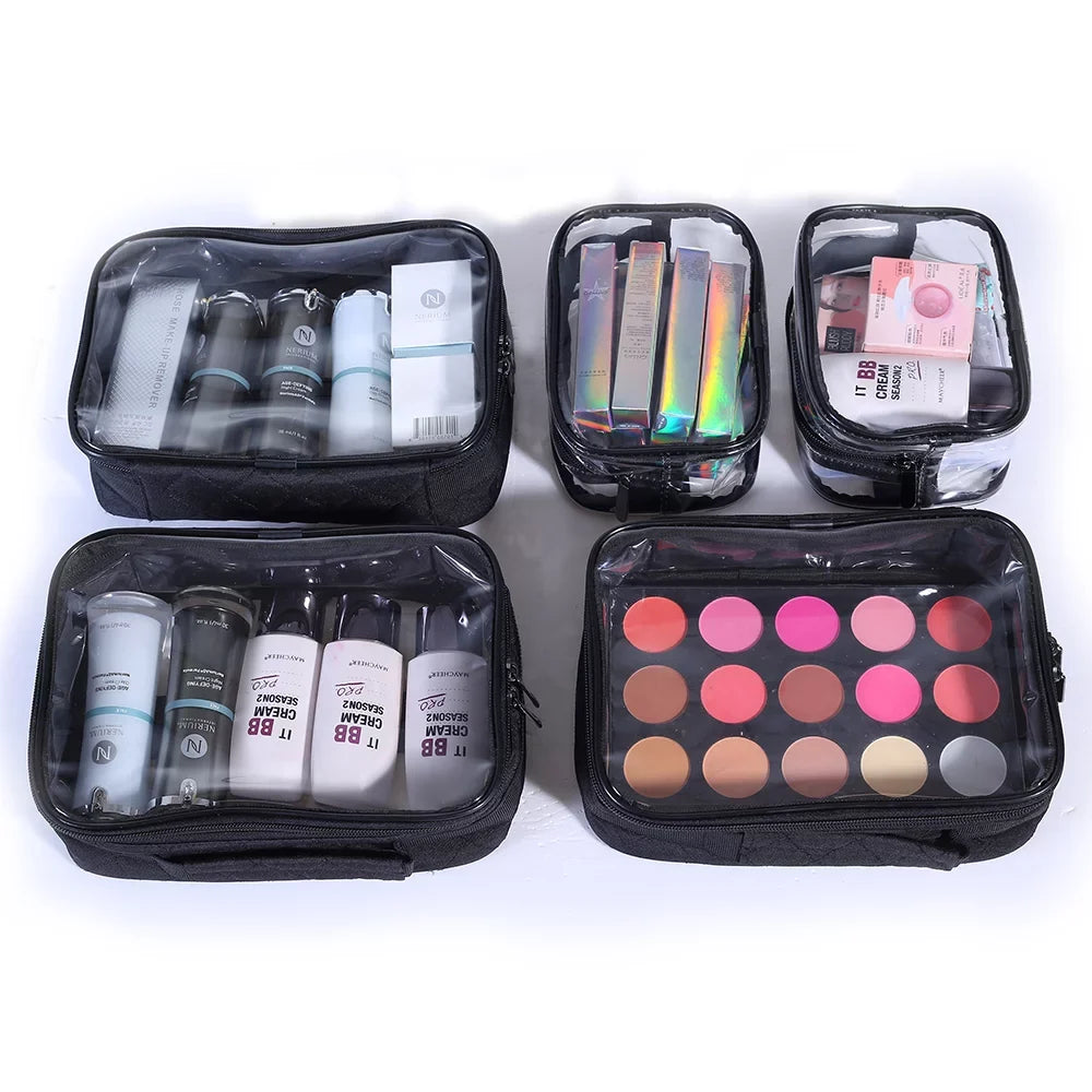 KIOTA Travel Makeup Bag- Large Cosmetic Bag for Women | Professional Cosmetic Train Case Organizer with Sizeemi-Transparent Compartments for Make Up Tools, Toiletry, Jewelry, Handy Accessories