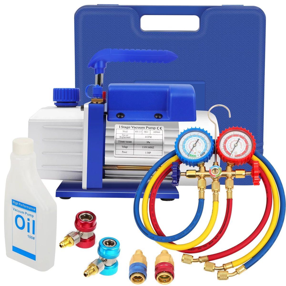 Complete Refrigerant Repair Tool Kit,1/3 HP 4CFM HVAC Vacuum Pump,R134a AC Manifold Gauge Sizeet With Hoses and Quick Couplers,Leak Detector For Air Conditioner