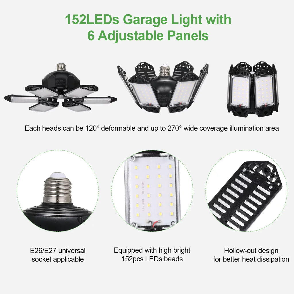 Neoglint 2PCSize A C85-265V 160W 152LEDs Garage Light with 6 Adjustable Panels Deformable Folding Foldable Ceiling Lamp E26/E27 Base Sizeocket Holder for Garage Warehouse Workshop Basement Gym Kit