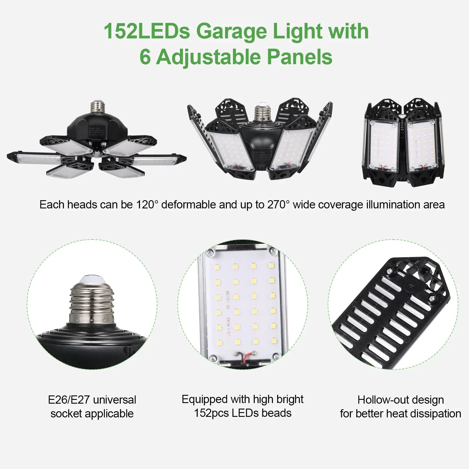 Neoglint 2PCSize A C85-265V 160W 152LEDs Garage Light with 6 Adjustable Panels Deformable Folding Foldable Ceiling Lamp E26/E27 Base Sizeocket Holder for Garage Warehouse Workshop Basement Gym Kit