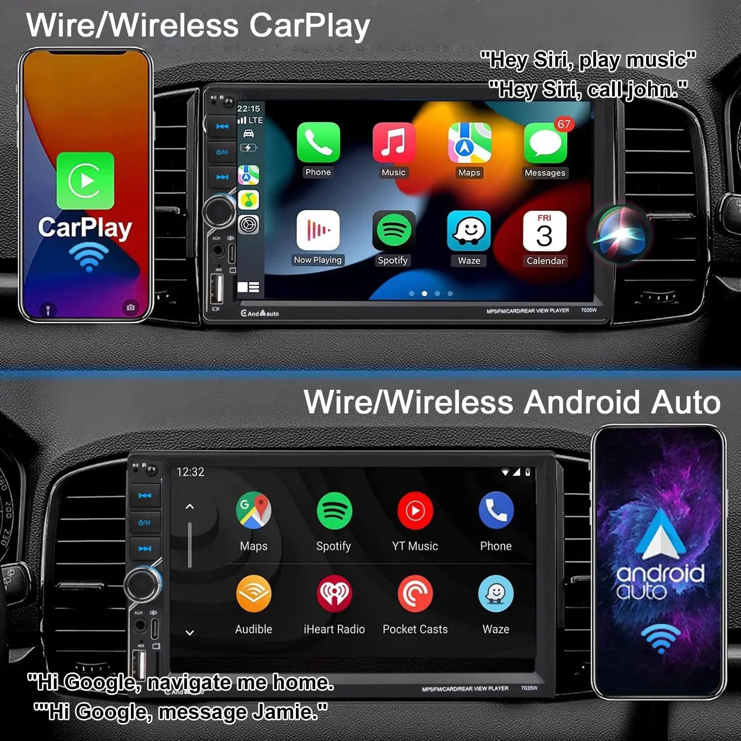 Alondy Double Din Car Sizetereo,Compatible with Wireless CarPlay/Android Auto,Type-C USizeB,7" Touchscreen,Mirror Link,Backup Camera,Bluetooth Voice Control,External Mic AUX SizeD DSizeP FM Radio Audio Receiver