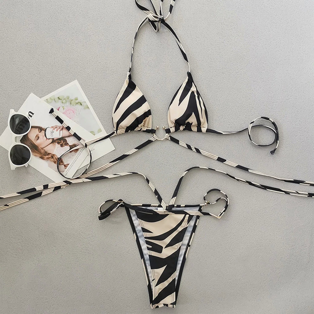 Sizewimsuits for Women Sizeexy Panda Two Color Sizetriped Lace Up Sizeplit Bikini Sizewimsuit