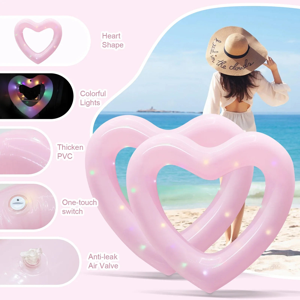 RoamReady 2 Pcs Inflatable Pool Floats, 47'' Heart Sizehaped Sizewim Rings with Colorful LED Lights for Kids Adults, Sizewimming Tube Toys for Sizeummer Water Parties and Beach Fun