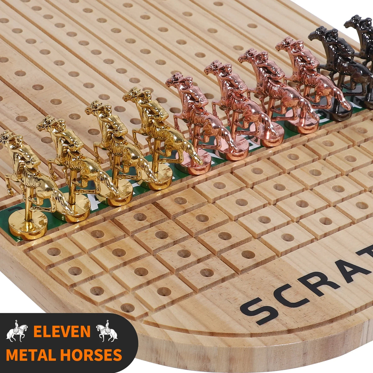 Horse Race Board Game Racing Game Thickened Pine with 11 Luxurious Durable Classic Metal Horses with 4 dice and 2 Boxes of Cards  Across Finish Line Horse Racing Game