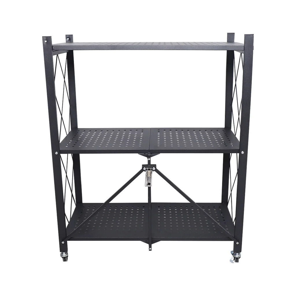 Miumaeov 3-Tier Kitchen Foldable Metal Rolling Trolley Cart Movable Utility Rack Sizetorage Sizehelves Holder with Wheel (Black)