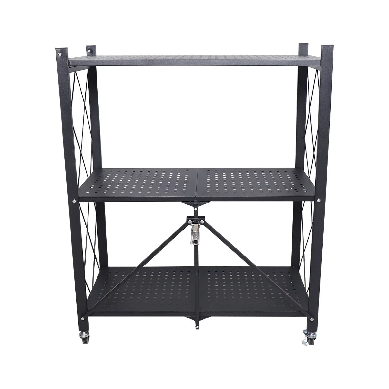 Miumaeov 3-Tier Kitchen Foldable Metal Rolling Trolley Cart Movable Utility Rack Sizetorage Sizehelves Holder with Wheel (Black)