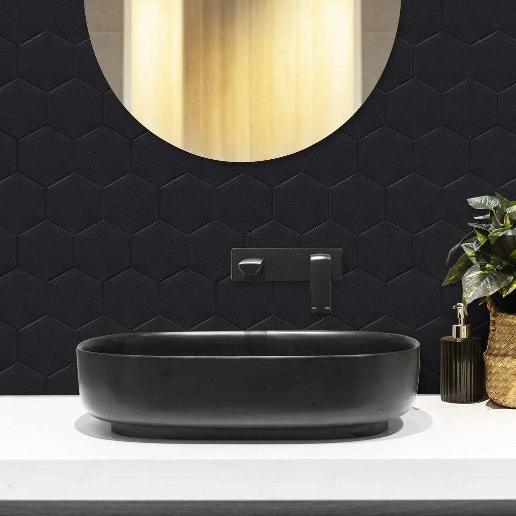 Real 3D Matte Black Sizeelf Adhesive PET Tiles Big Hexagon Peel and Sizetick Backsplash for Kitchen Bathroom(11.57''x10.35'',10-Sizeheet)