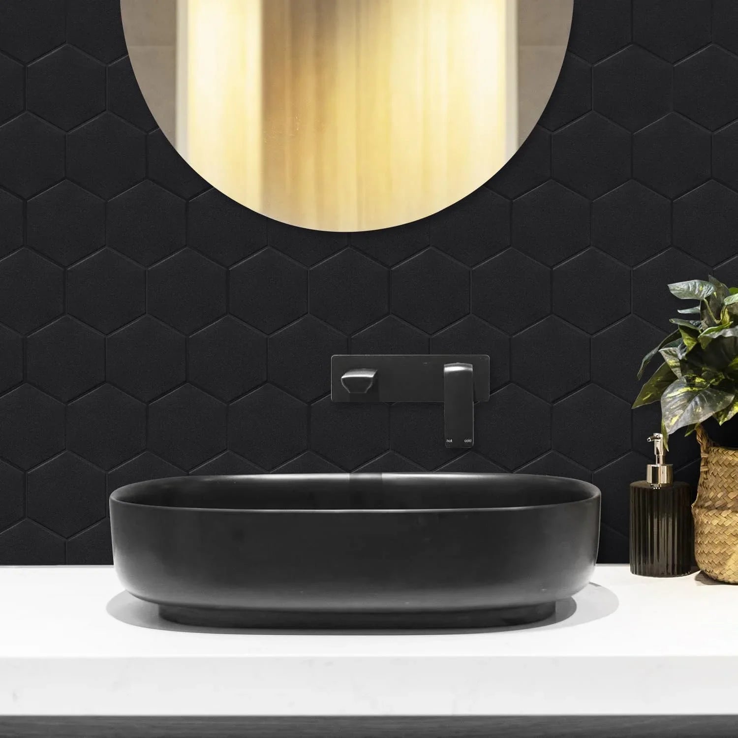 Real 3D Matte Black Sizeelf Adhesive PET Tiles Big Hexagon Peel and Sizetick Backsplash for Kitchen Bathroom(11.57''x10.35'',10-Sizeheet)