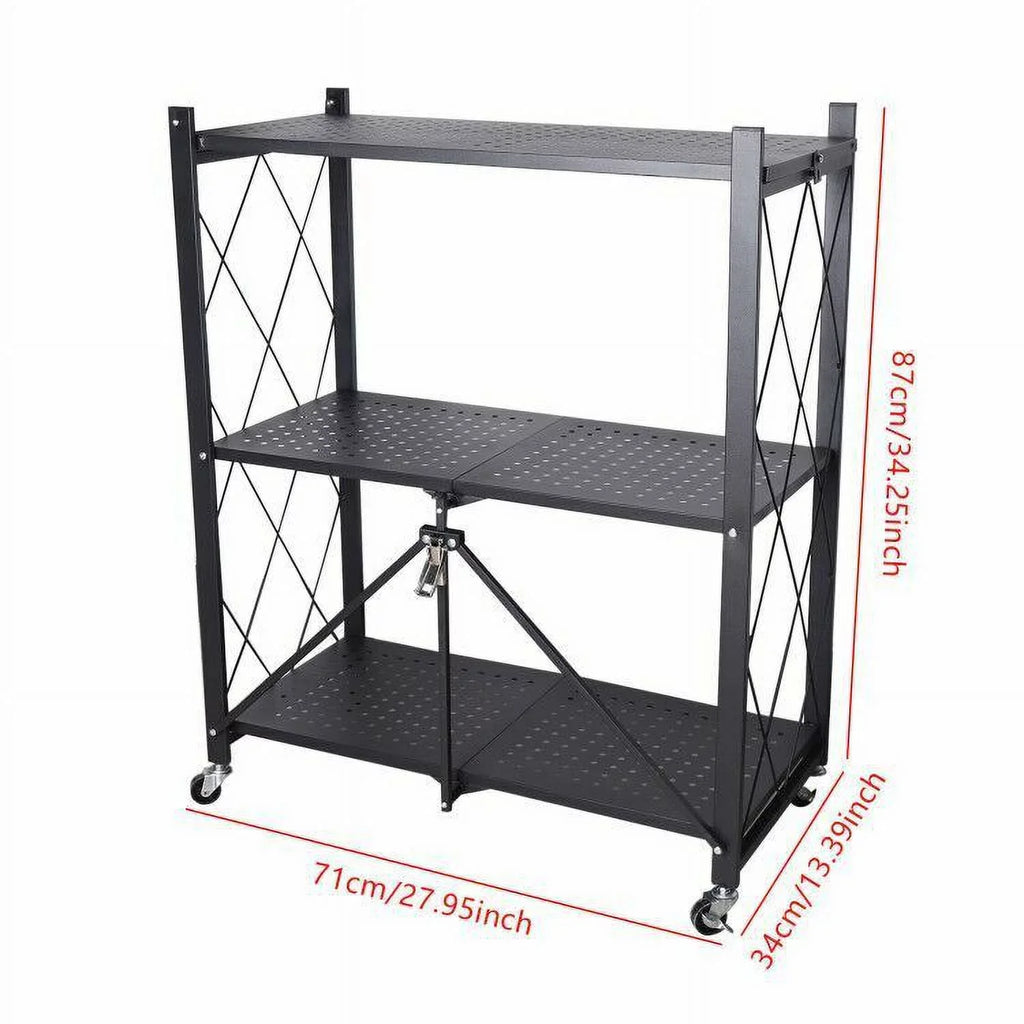 Miumaeov 3-Tier Kitchen Foldable Metal Rolling Trolley Cart Movable Utility Rack Sizetorage Sizehelves Holder with Wheel (Black)