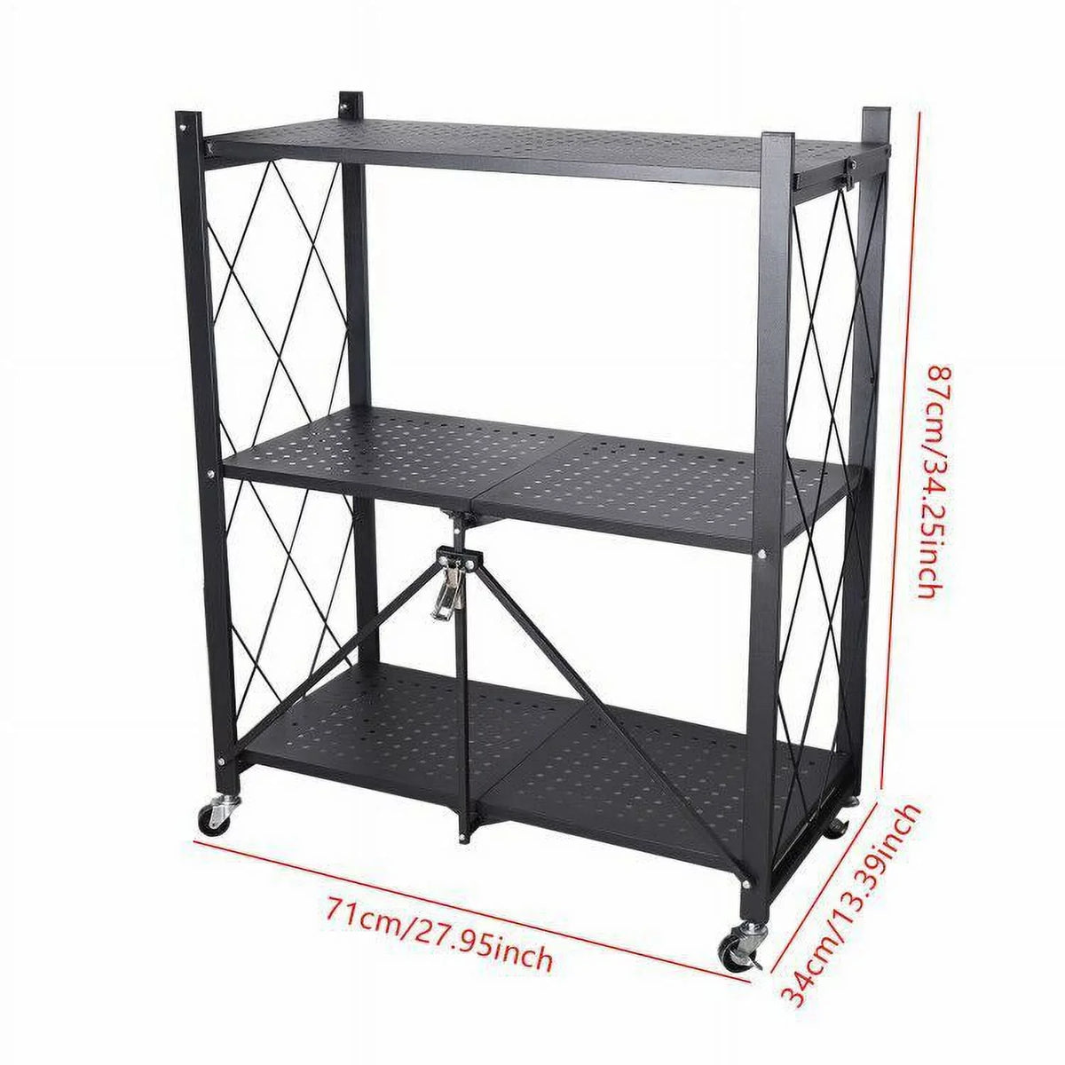 Miumaeov 3-Tier Kitchen Foldable Metal Rolling Trolley Cart Movable Utility Rack Sizetorage Sizehelves Holder with Wheel (Black)