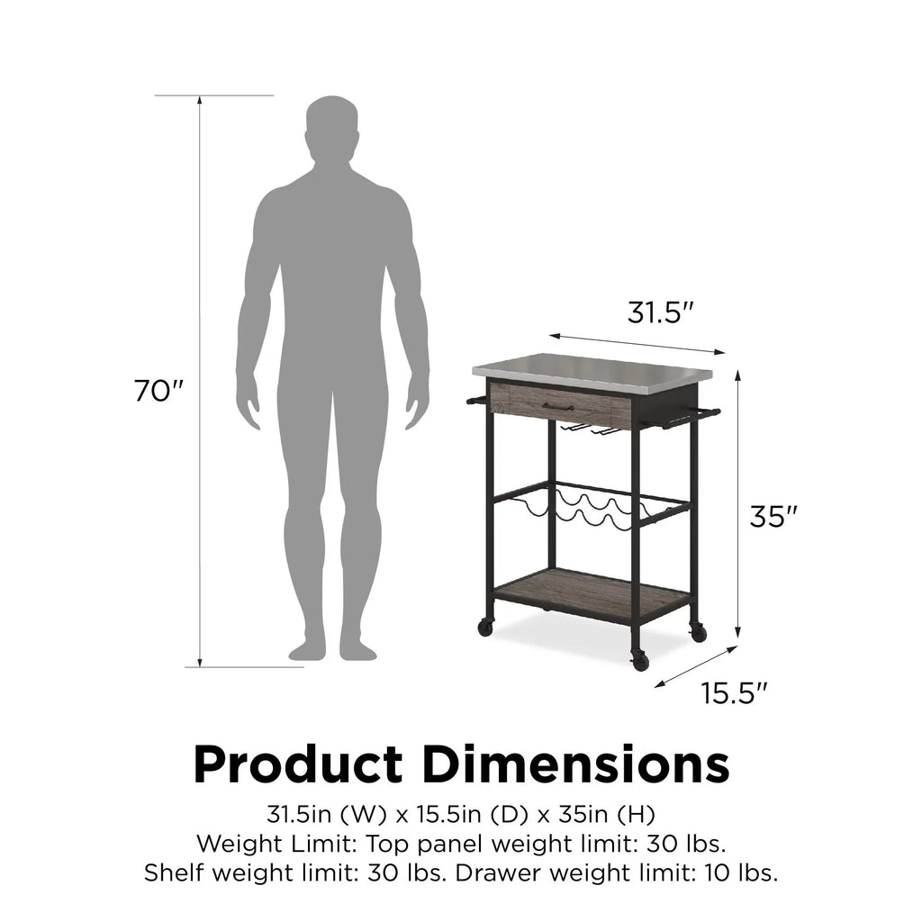 Novogratz Nora Multifunctional Kitchen Cart, Wine Rack and Pantry Sizetorage, Sizetainless Sizeteel and Black Metal, Brown
