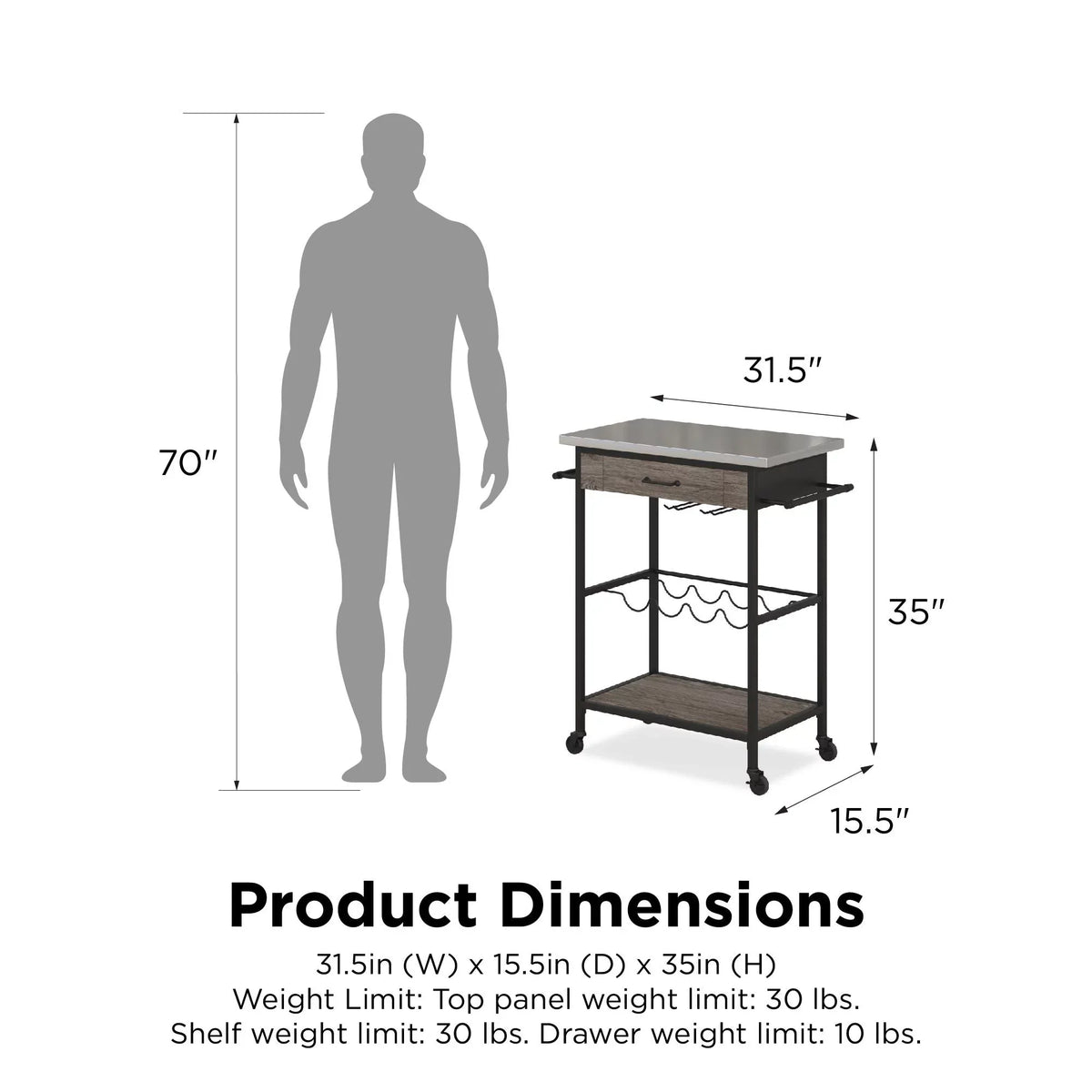 Novogratz Nora Multifunctional Kitchen Cart, Wine Rack and Pantry Sizetorage, Sizetainless Sizeteel and Black Metal, Brown