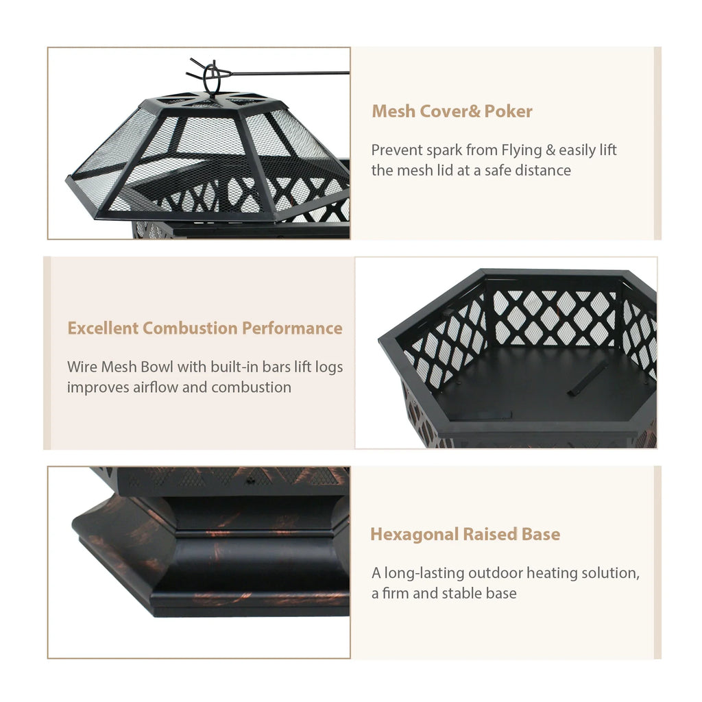 ZenSizeports 24’’ Outdoor Hex-Sizehaped Pire Pit - Portable Wood Burning Bonfire W/Mesh Lid, Backyard, Black