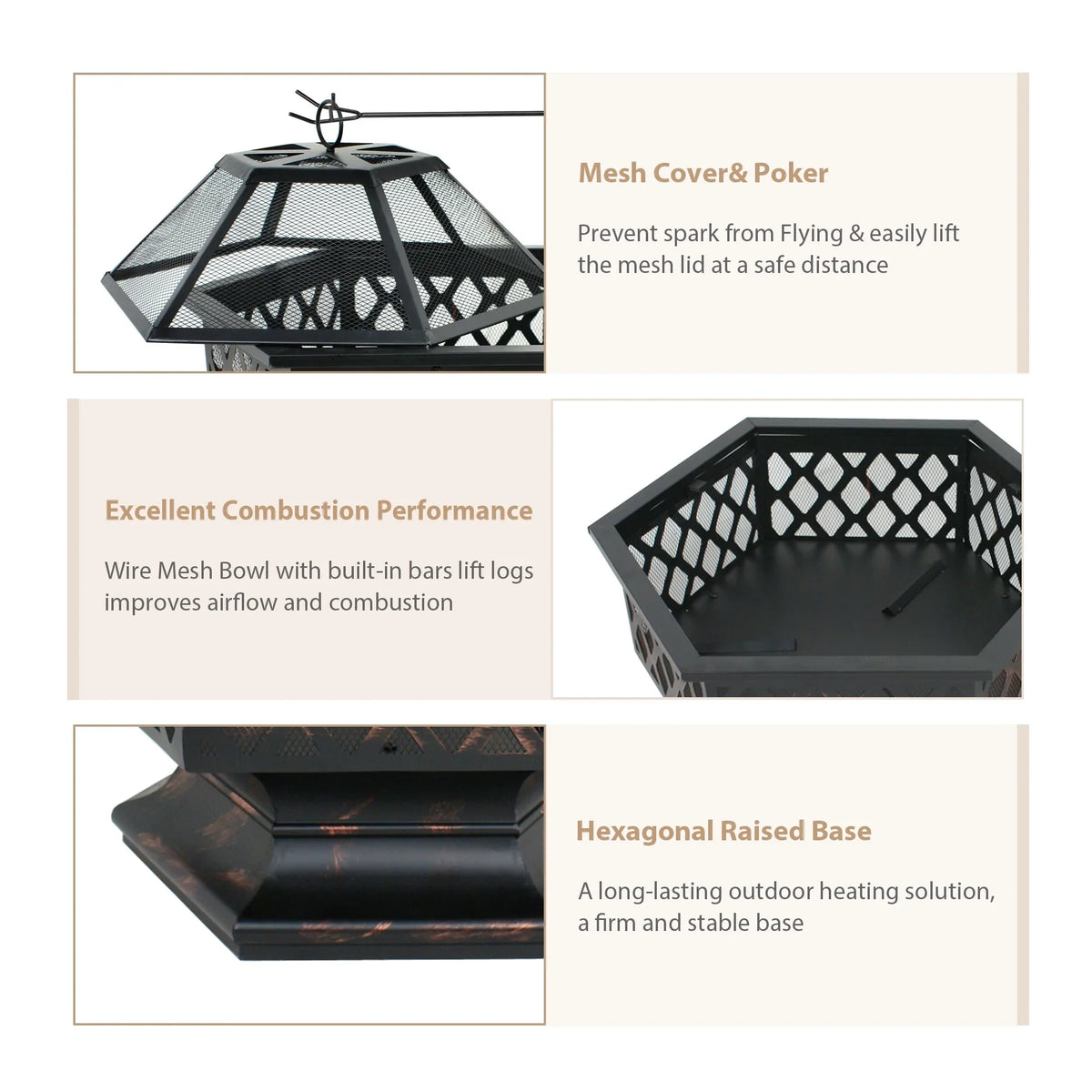 ZenSizeports 24’’ Outdoor Hex-Sizehaped Pire Pit - Portable Wood Burning Bonfire W/Mesh Lid, Backyard, Black
