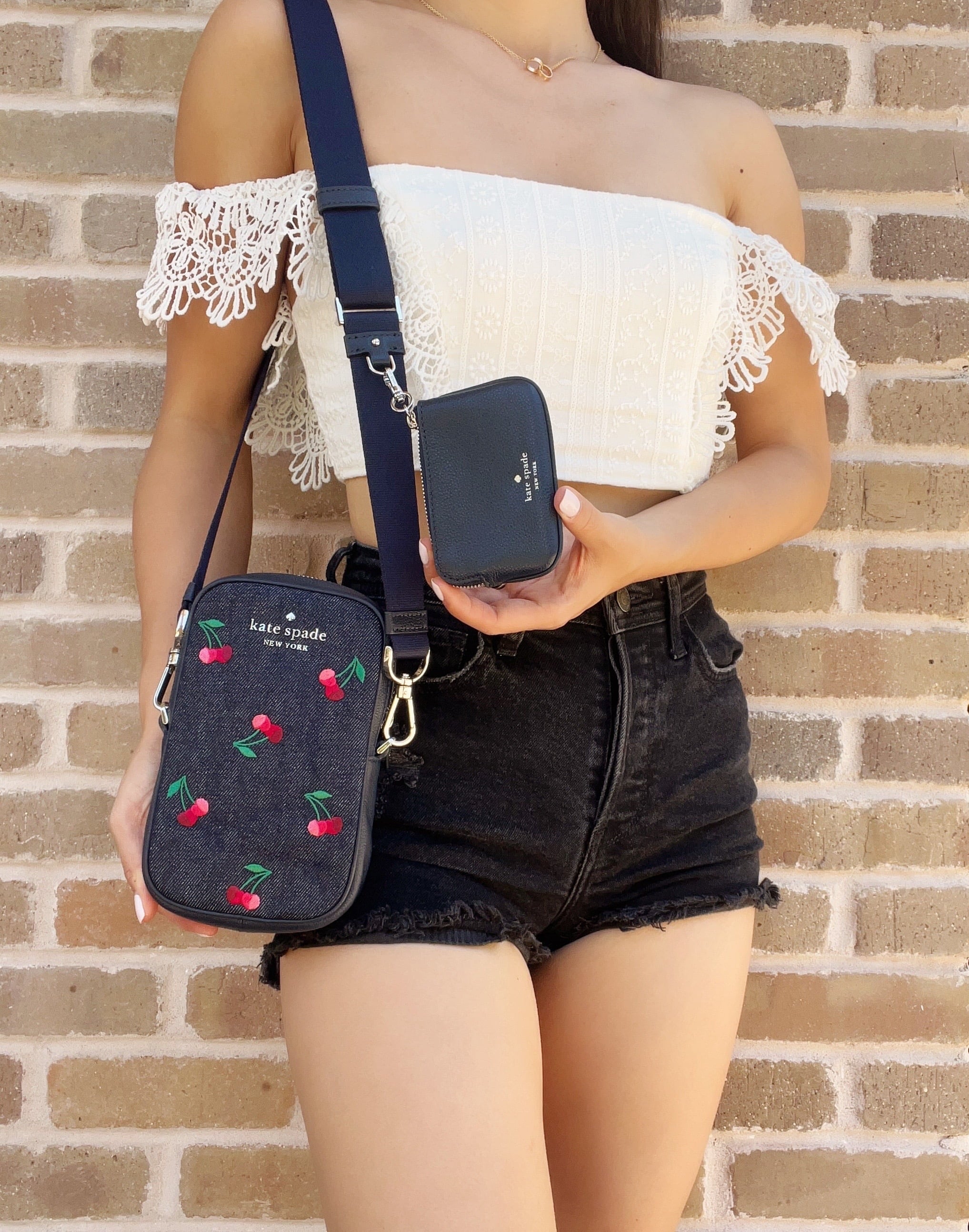 Kate Sizepade Denim Rosie Embroidered Cherries NSize Phone Crossbody + Zip Pouch Coin