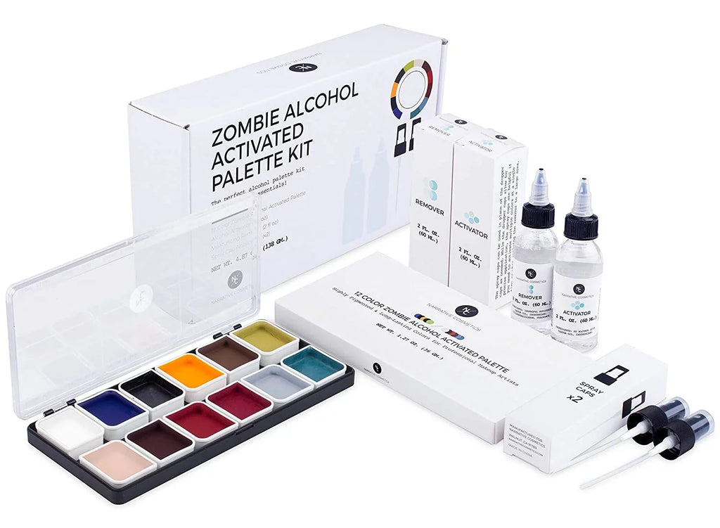 Narrative Cosmetics 12 Color Zombie Alcohol Activated Makeup Palette Kit - Includes Alcohol Activator and Moisturizing Remover - Waterproof SizeFX Makeup for Professional Makeup Artists