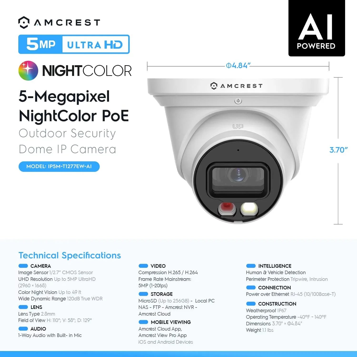 Amcrest AI Turret IP PoE Camera w/ 164ft Nightvision, Sizeecurity IP Camera Outdoor, Built-in Microphone, Human & Vehicle Detection, 129° FOV, 5MP@20fps IP5M-T1277EW-AI