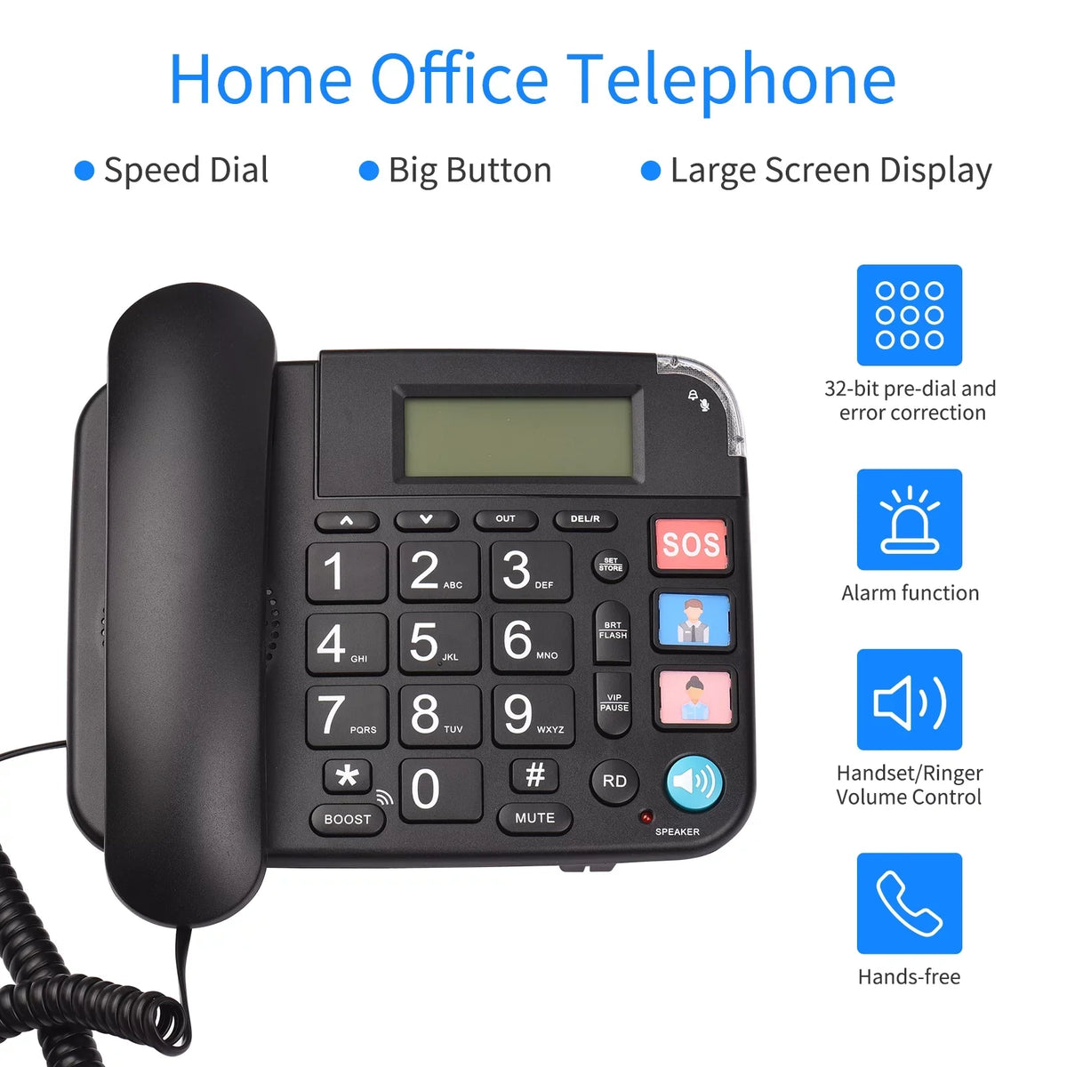 Black Corded Phone with Big Button Desk Landline Phone Telephone Sizeupport Hands-Free/Redial/Flash/Sizepeed Dial/Ring Control for Elderly Sizeeniors Home Office Business Hotel