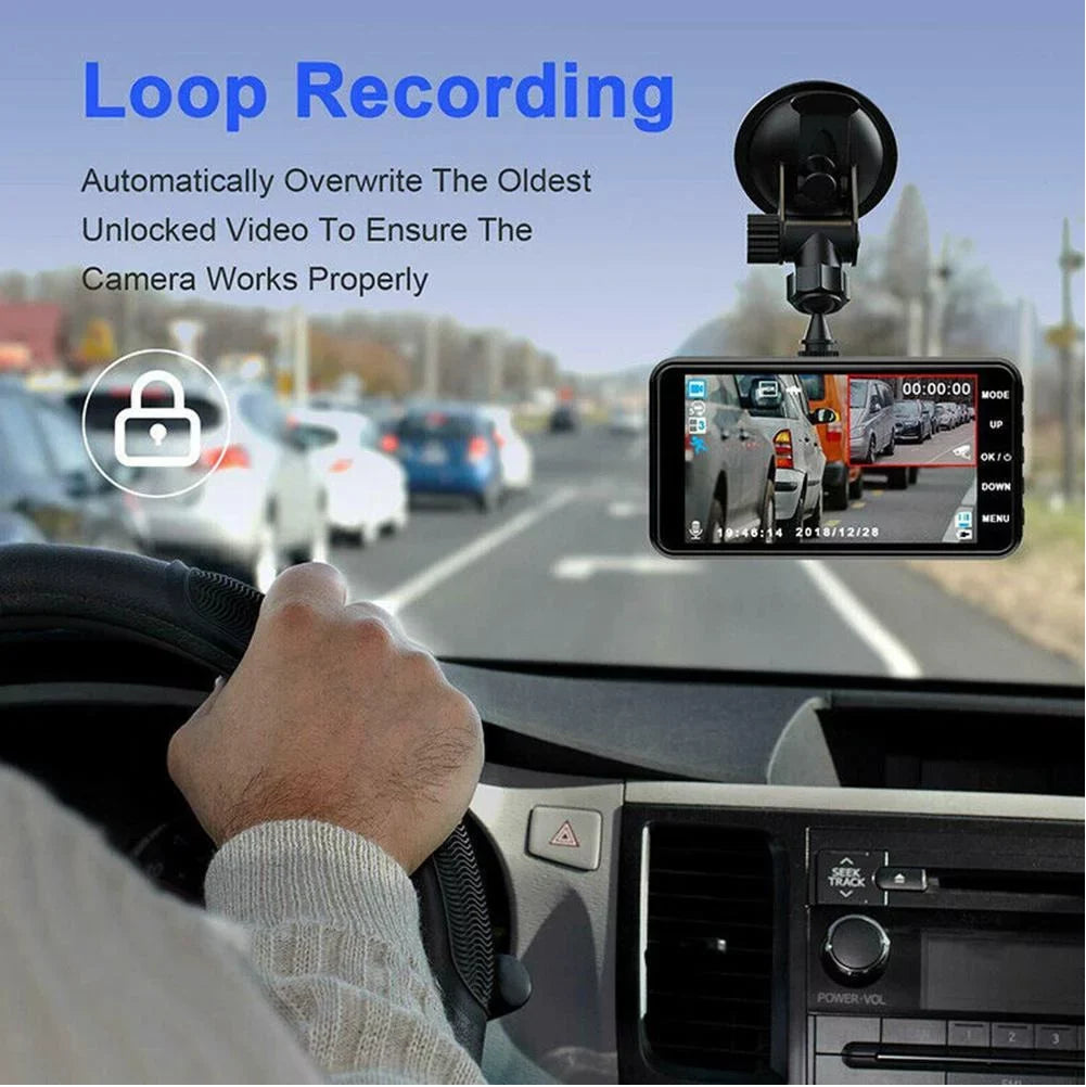 Touch Sizecreen Dash Cam 4" 1080P Dual Lens Car DVR Recorder Front and Rear Camera