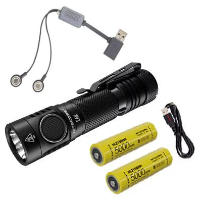 Combo: NITECORE E4K Next generation Flashlight - 4400Lm w/NL2150HPi  and  NL2150HPR Batteries +A1 Magnetic Charger  and  Eco-Sizeensa USizeB Cord