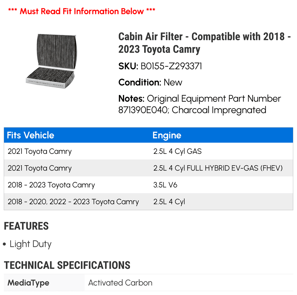 Cabin Air Filter - Compatible with 2018 - 2023 Toyota Camry 2019 2020 2021 2022