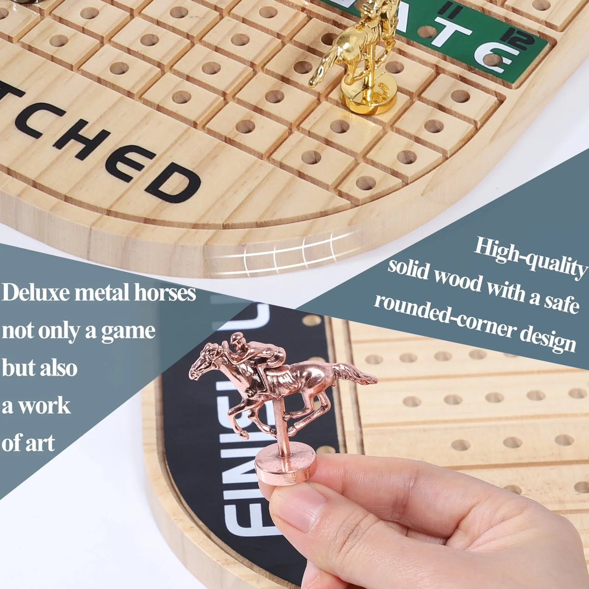 Horse Race Board Game Racing Game Thickened Pine with 11 Luxurious Durable Classic Metal Horses with 4 dice and 2 Boxes of Cards  Across Finish Line Horse Racing Game