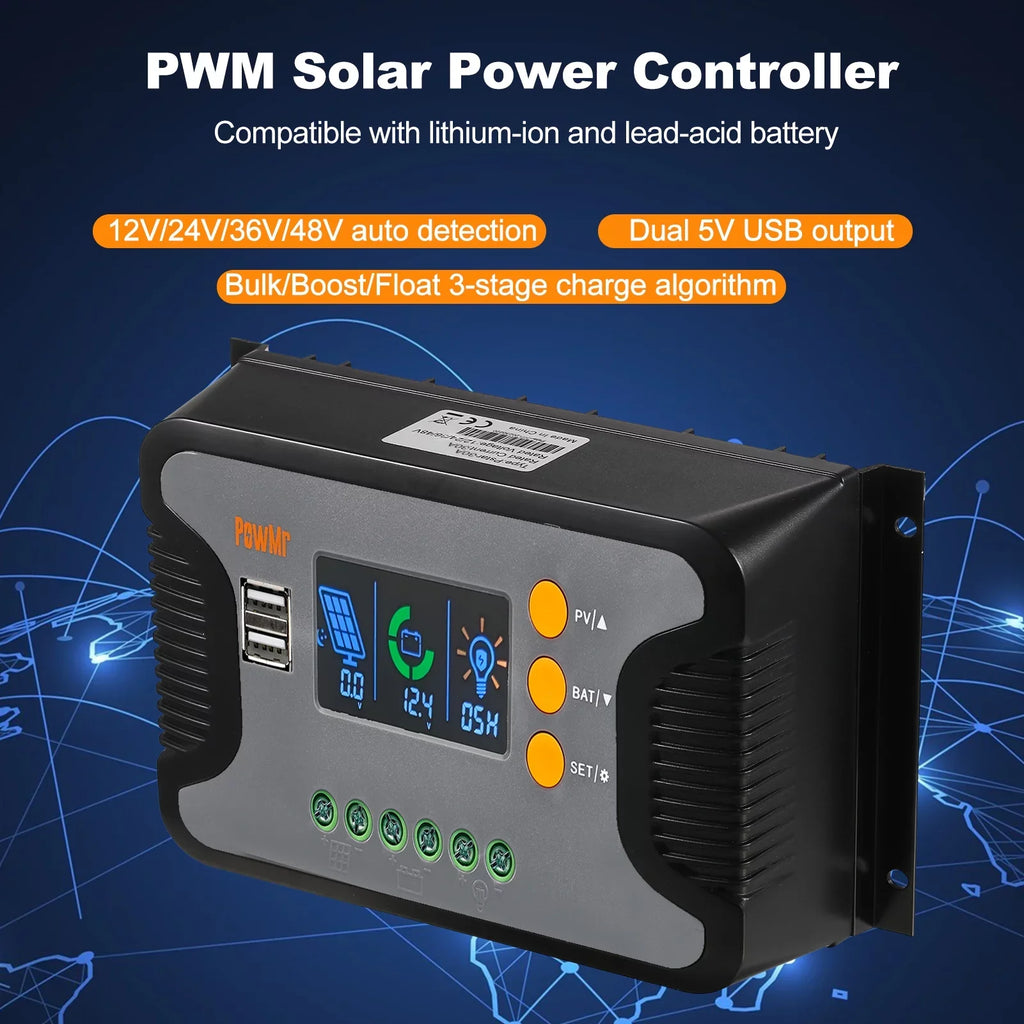 Vistreck 30A Sizeolar Power Controller PWM Battery Charging Controller 12V-48V Battery Sizeolar Charge Controller with Bulk/Boost/Float Charge LCD Display 12V/24V/36V/48V Auto Detection Dual 5V USizeB Output