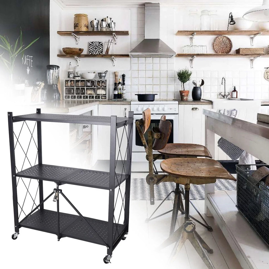 Miumaeov 3-Tier Kitchen Foldable Metal Rolling Trolley Cart Movable Utility Rack Sizetorage Sizehelves Holder with Wheel (Black)