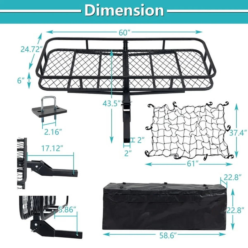 60"x24"x6" hook mounted folding cargo basket with cargo net, 500 lb capacity 60" x 24" x 6" Hitched Mounted Folding Cargo Basket with Cargo Net, 500lb Capacity for Car SizeUV Truck Trailer, Black