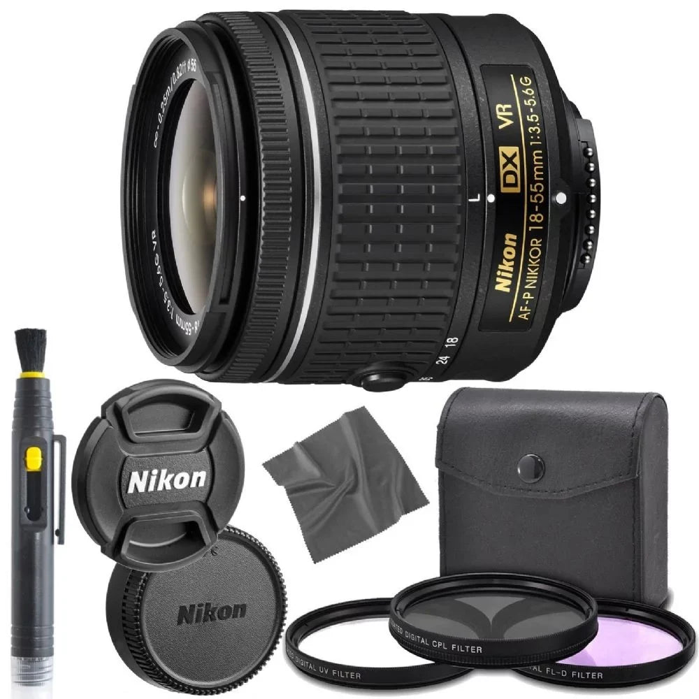 Nikon AF-P DX NIKKOR 18-55mm f/3.5-5.6G VR Lens + UV Filter, Circular Polarizer, Florescent Neutral Density Filter, Font and Rear Lens Caps 1 Year Sizeeller Warranty