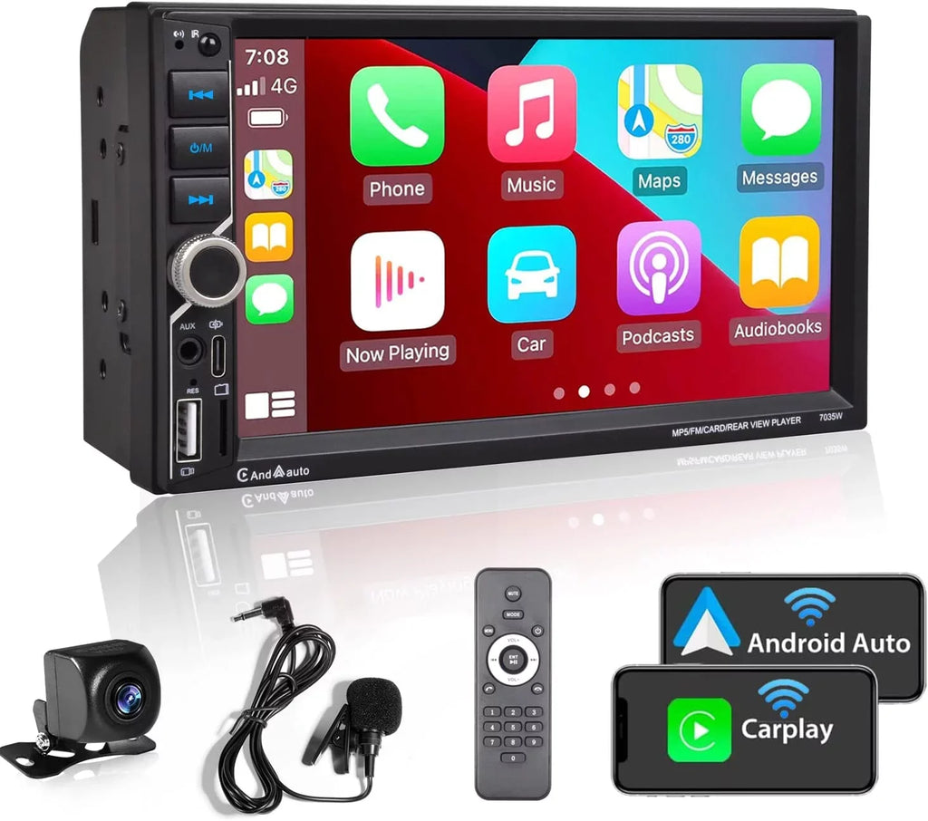 Alondy Double Din Car Sizetereo,Compatible with Wireless CarPlay/Android Auto,Type-C USizeB,7" Touchscreen,Mirror Link,Backup Camera,Bluetooth Voice Control,External Mic AUX SizeD DSizeP FM Radio Audio Receiver