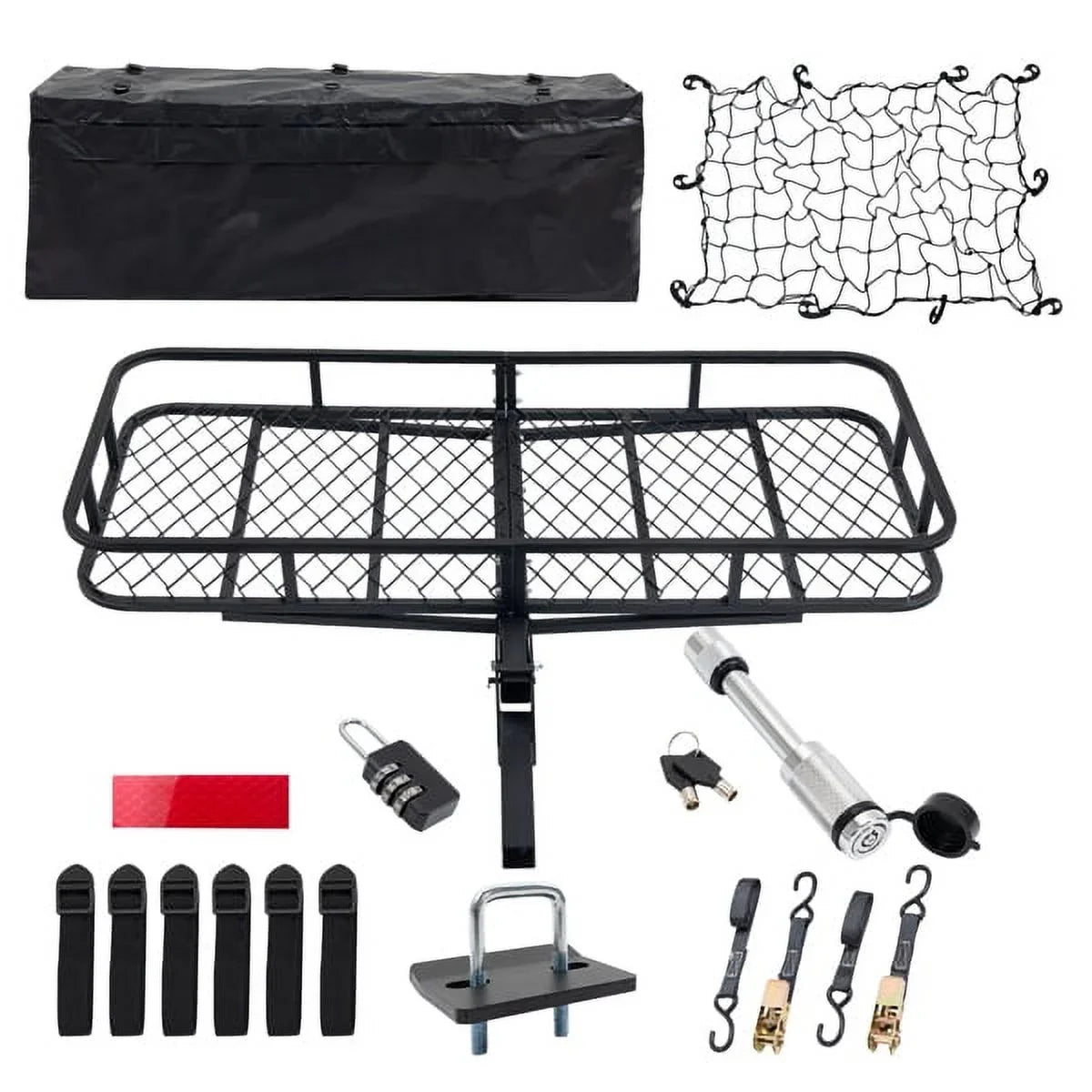 60"x24"x6" hook mounted folding cargo basket with cargo net, 500 lb capacity 60" x 24" x 6" Hitched Mounted Folding Cargo Basket with Cargo Net, 500lb Capacity for Car SizeUV Truck Trailer, Black