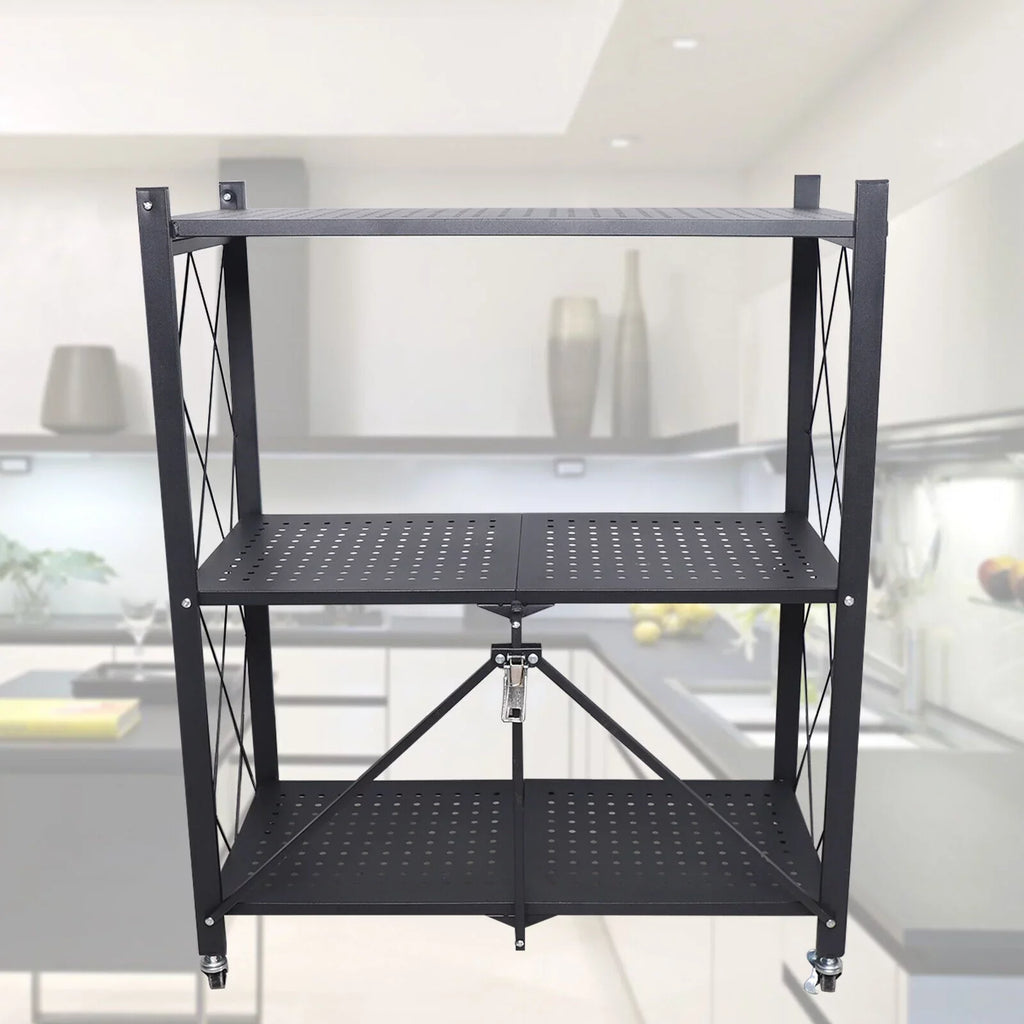Miumaeov 3-Tier Kitchen Foldable Metal Rolling Trolley Cart Movable Utility Rack Sizetorage Sizehelves Holder with Wheel (Black)