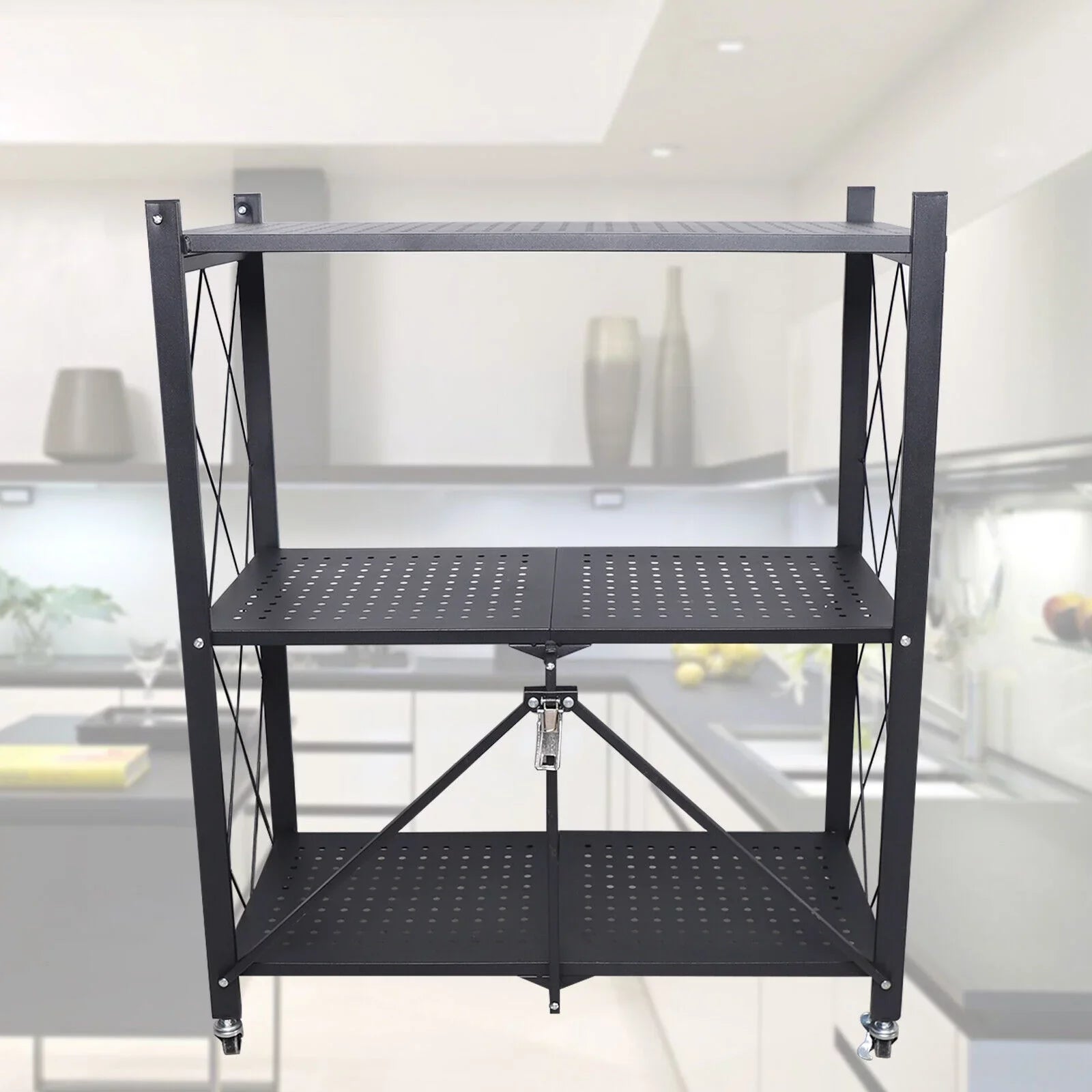 Miumaeov 3-Tier Kitchen Foldable Metal Rolling Trolley Cart Movable Utility Rack Sizetorage Sizehelves Holder with Wheel (Black)