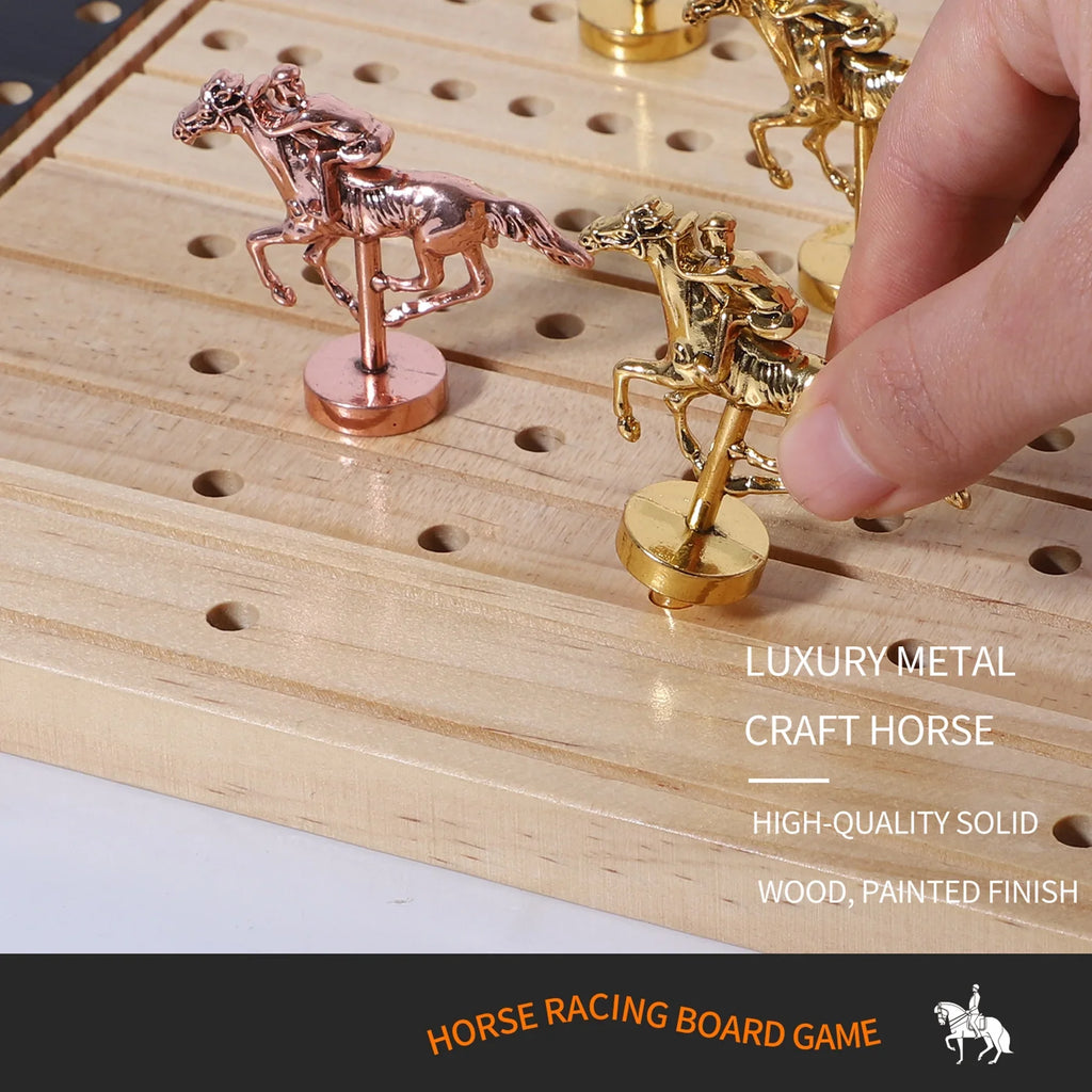 Horse Race Board Game Racing Game Thickened Pine with 11 Luxurious Durable Classic Metal Horses with 4 dice and 2 Boxes of Cards  Across Finish Line Horse Racing Game