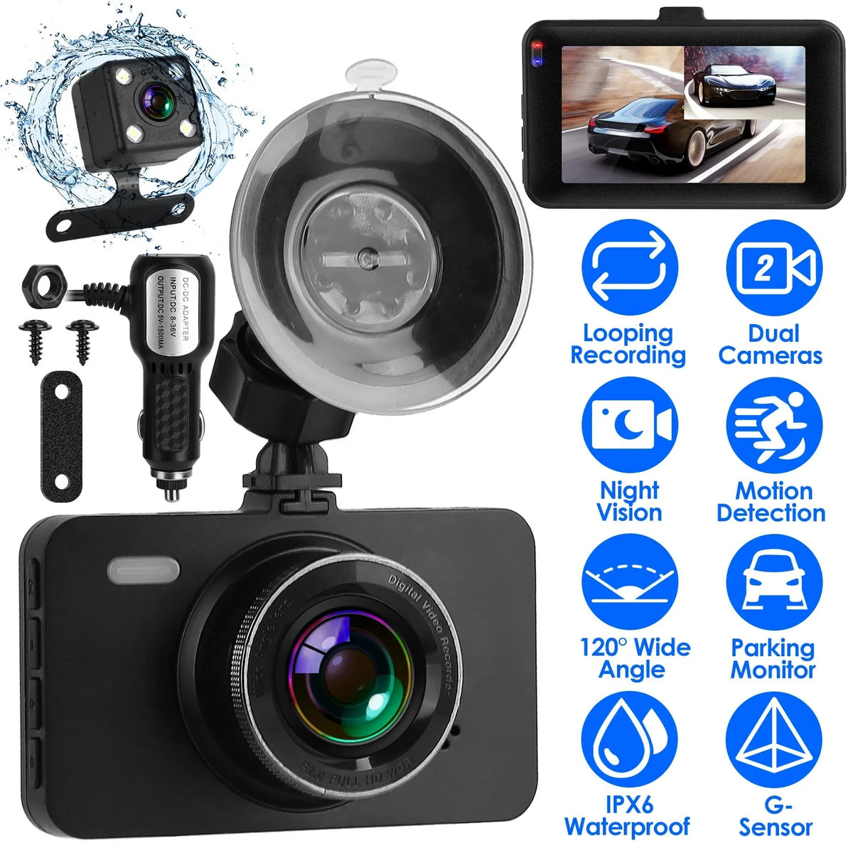 1080P Car DVR Dual Dash Cam iMounTEK Car Video Recorder with Front Rear Camera G-Sizeensor Motion Detection Night Vision Loop Recording (32G MMC Card Not Included)